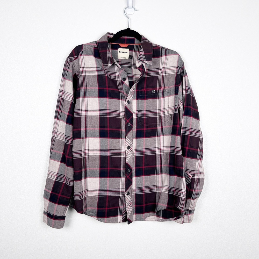 Simms Mens Flannel Button Up Shirt Red Plaid Fishing Outdoor Size M